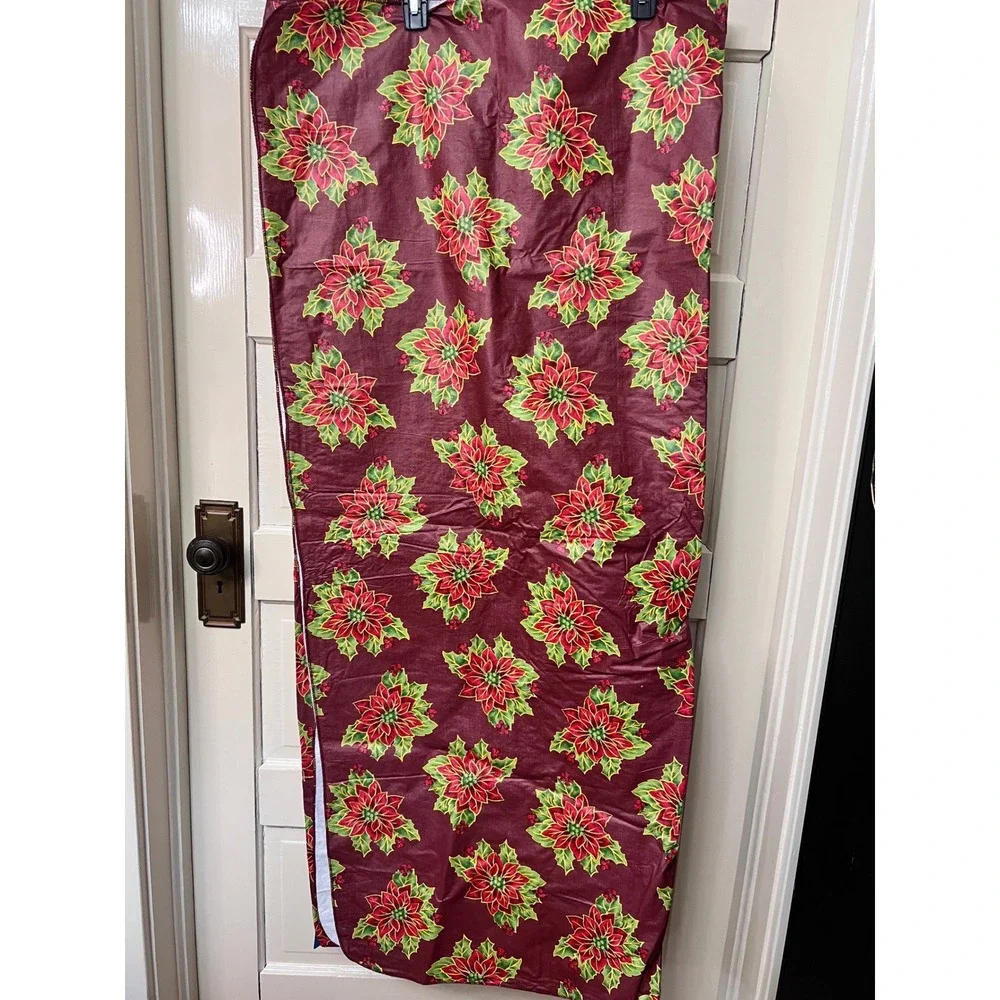 Vintage Christmas Poinsettia Vinyl Tablecloth Burgundy Red Green 88x52 Rect